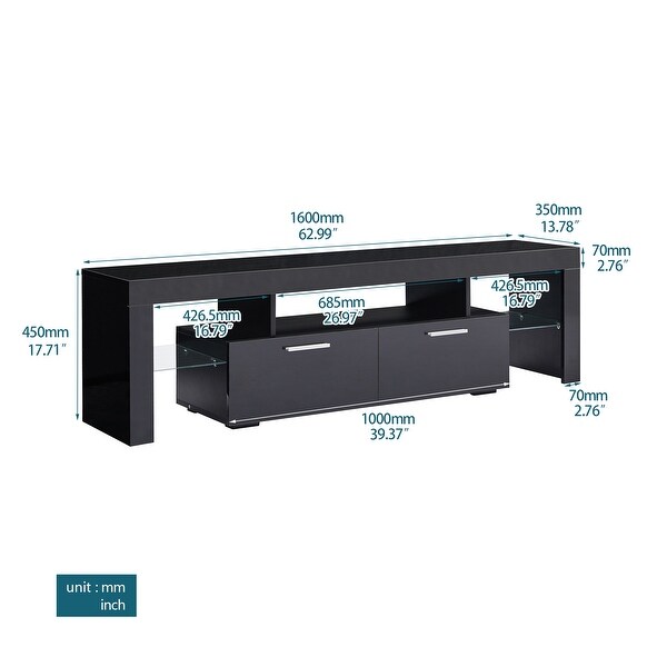 Black morden TV Stand with LED Lights， High Glossy Front TV Cabinet， Can Be Assembled for Lounge Room