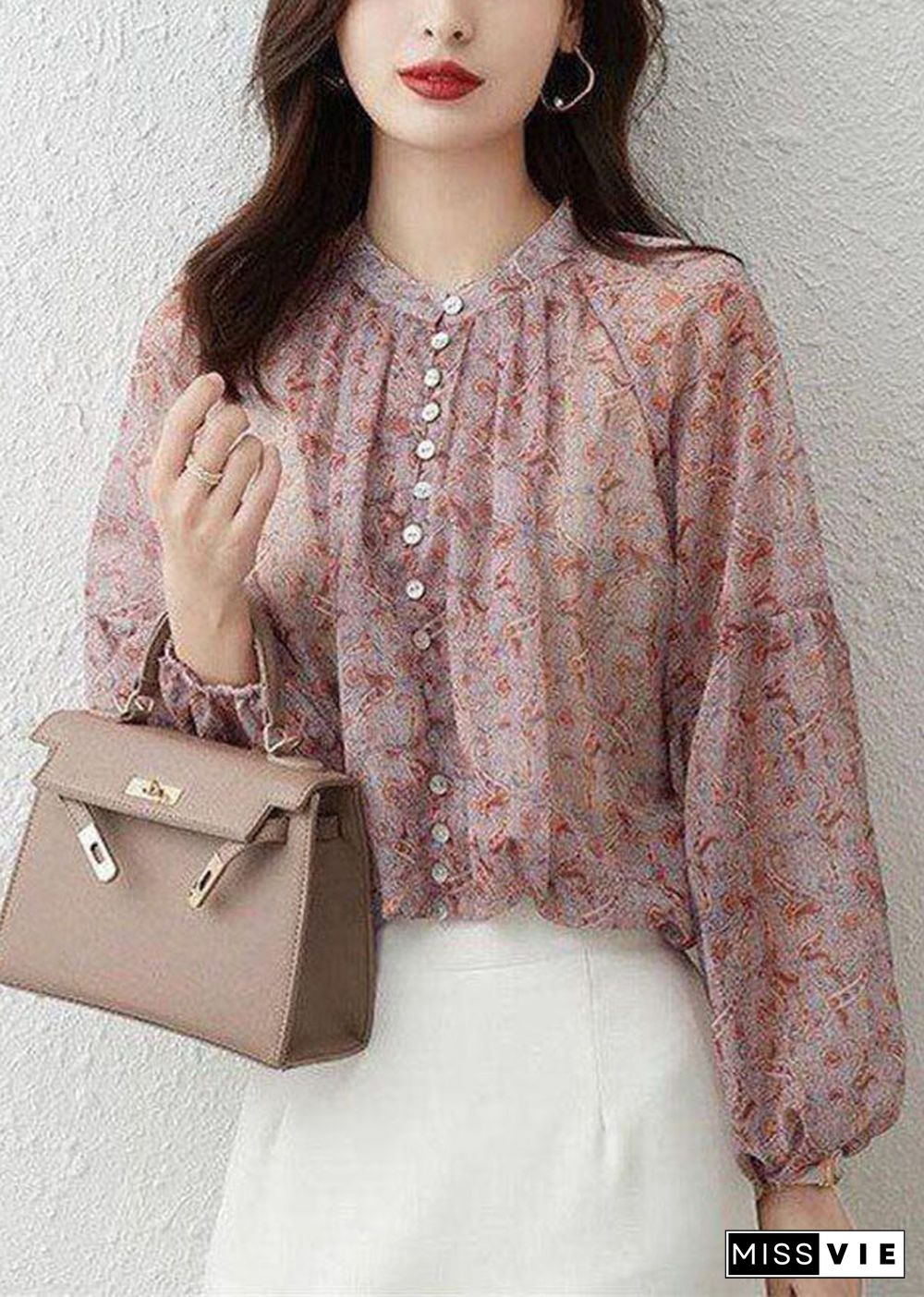 Bohemian Pink Stand Collar Print Chiffon Shirt Top Lantern Sleeve