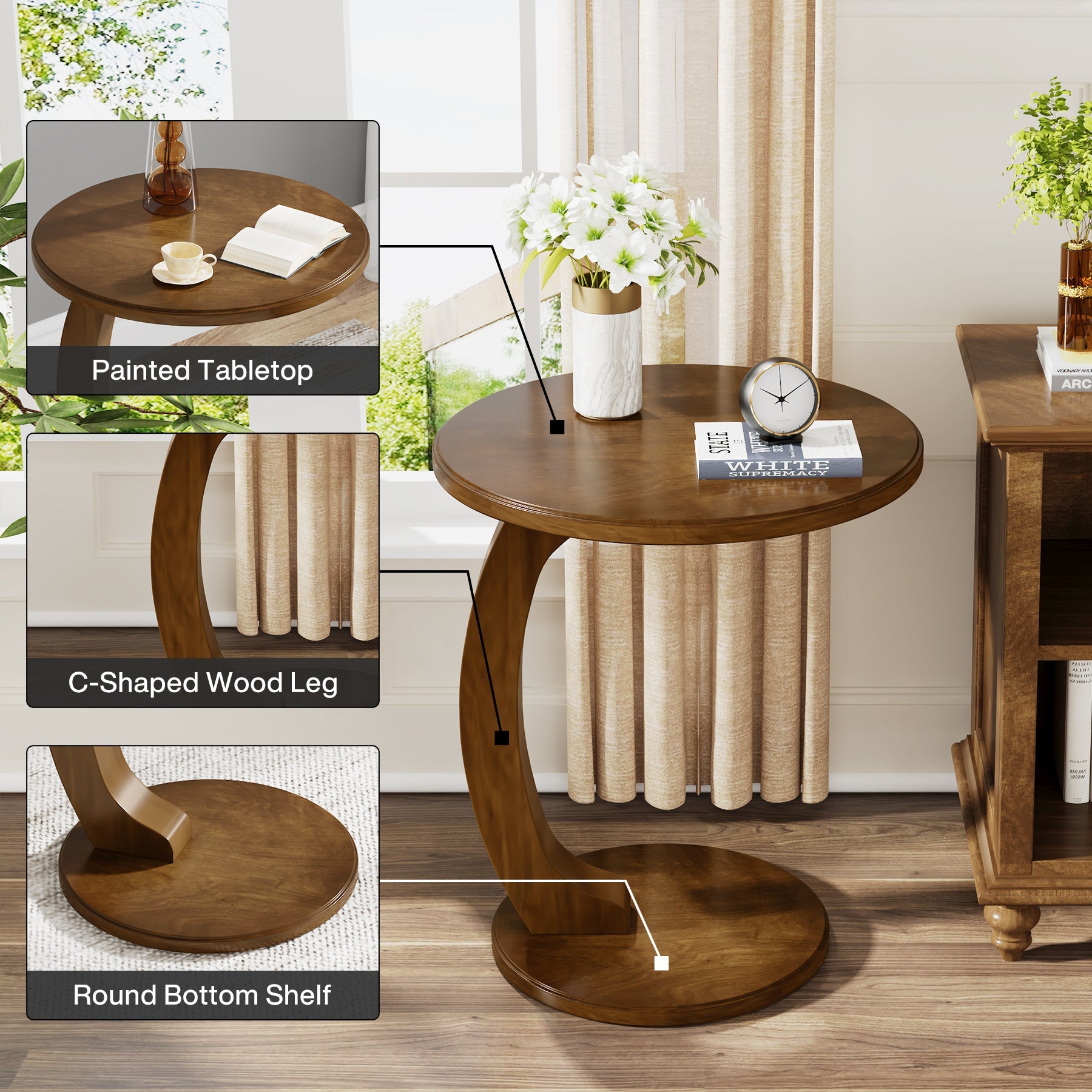 C-Shaped End Table, Round Solid Wood Side Table for Living Room