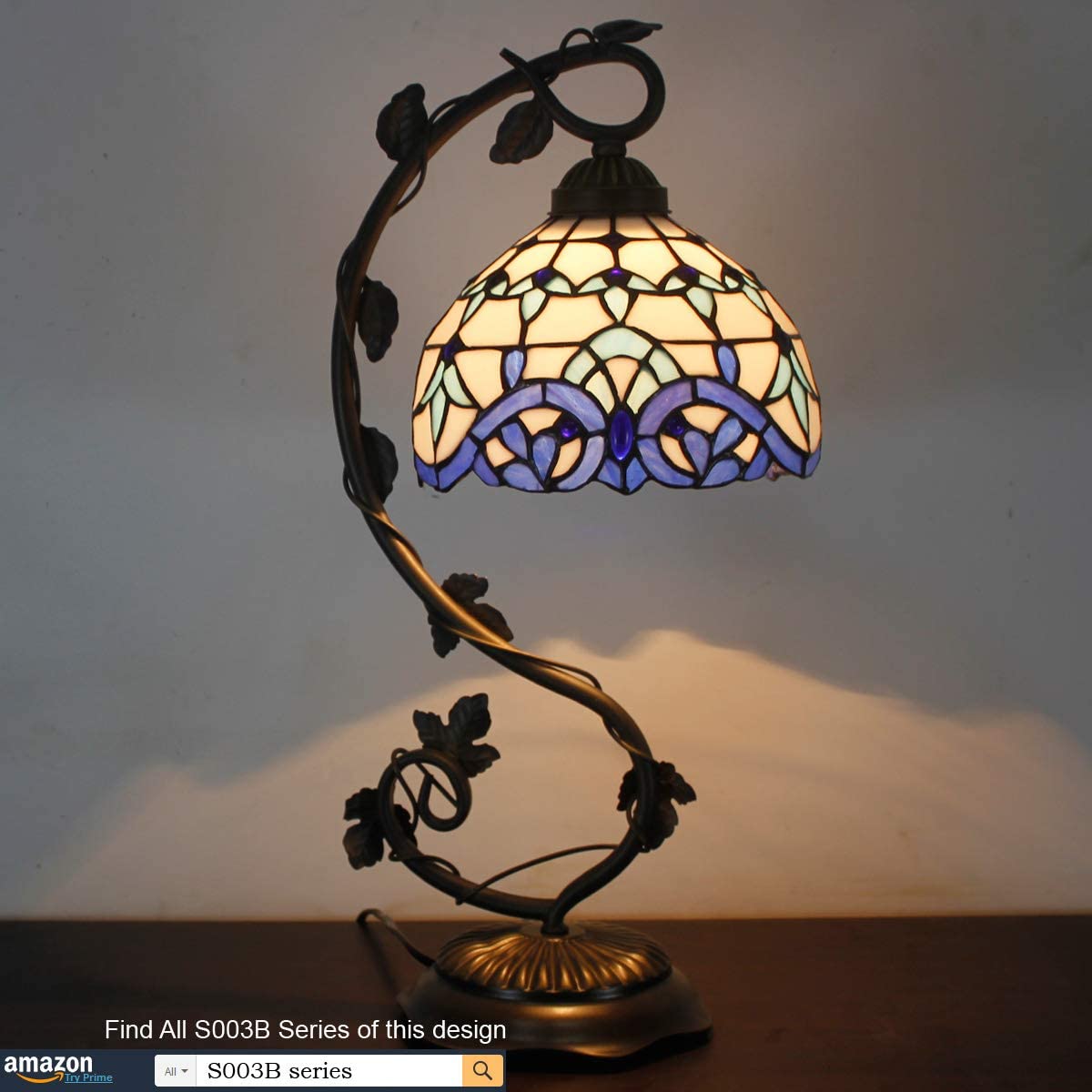 SHADY Tiffany Style Lamp White Blue Stained Glass Table Lamp Reading Desk Light Metal Leaf Base 8X10X21 Inches Decor Small Space Bedside Bedroom Home Office S003B Series