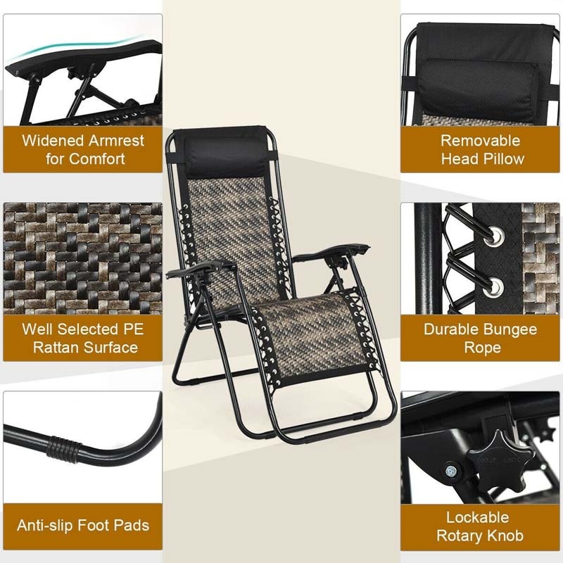 Rattan Folding Zero Gravity Lounge Chair Outdoor with Removable Pillow, Locking System, Adjustable Portable Patio Armchair