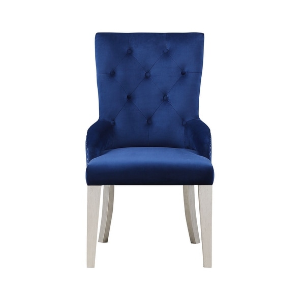 Varian Side Chair (1Pc)， Blue Fabric and Antique Platinum， Padded Seat and Back