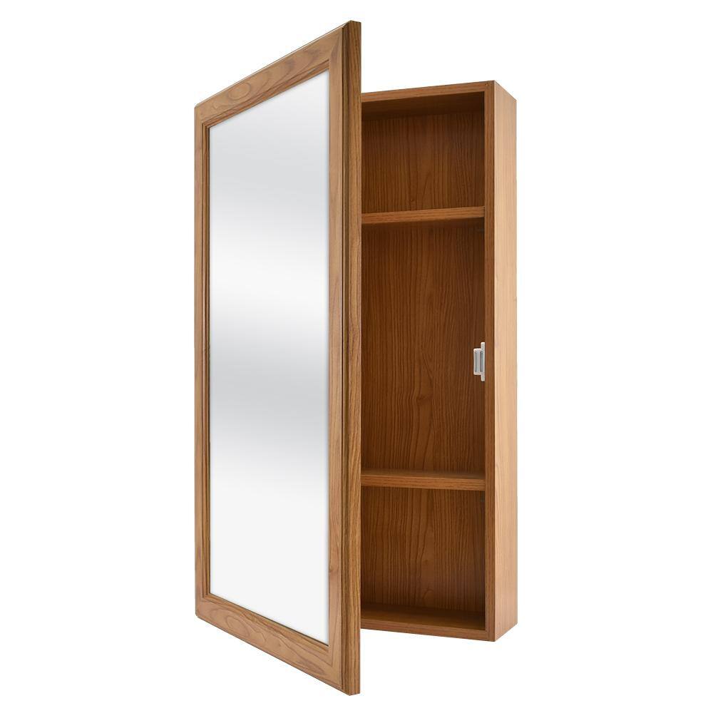 Glacier Bay 15-14 in. W x 26 in. H Framed Surface-Mount Bathroom Medicine Cabinet in Oak with Mirror 45388