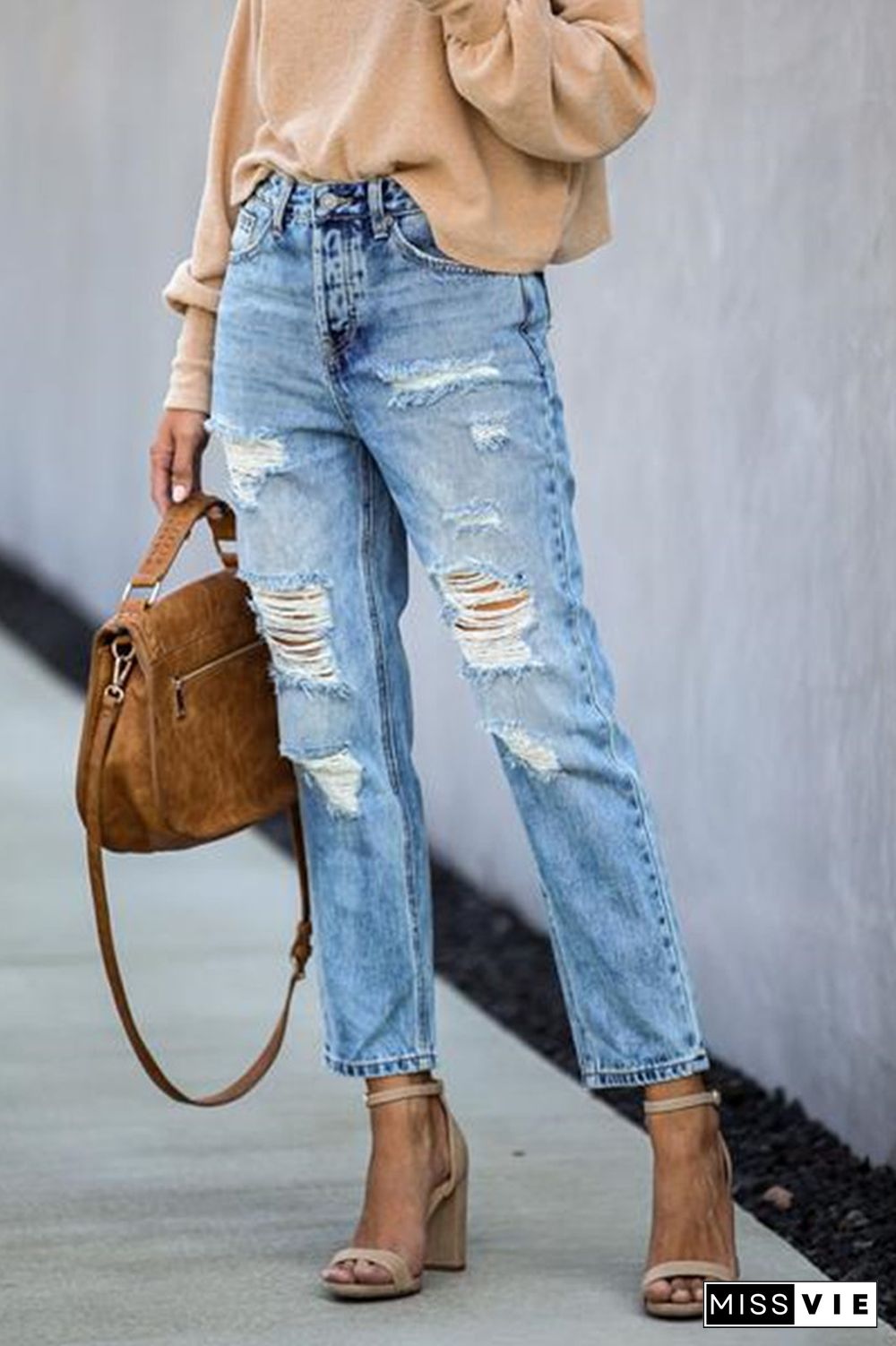 Distressed Ripped Denim Straight Pants