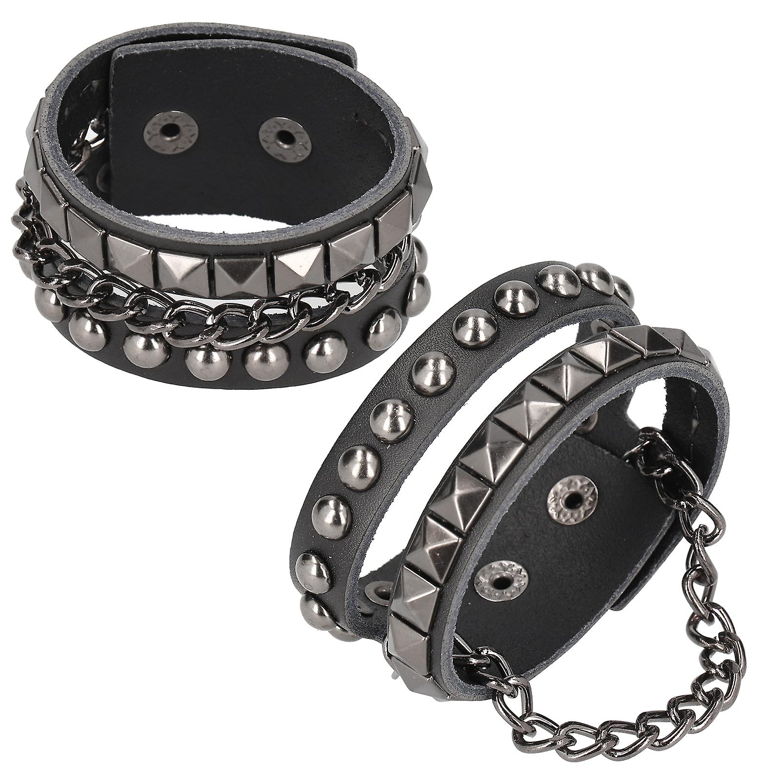 2pcs Punk Wristband Vintage Multilayer Rivet Motorcycle Faux Leather Cuff Bracelets