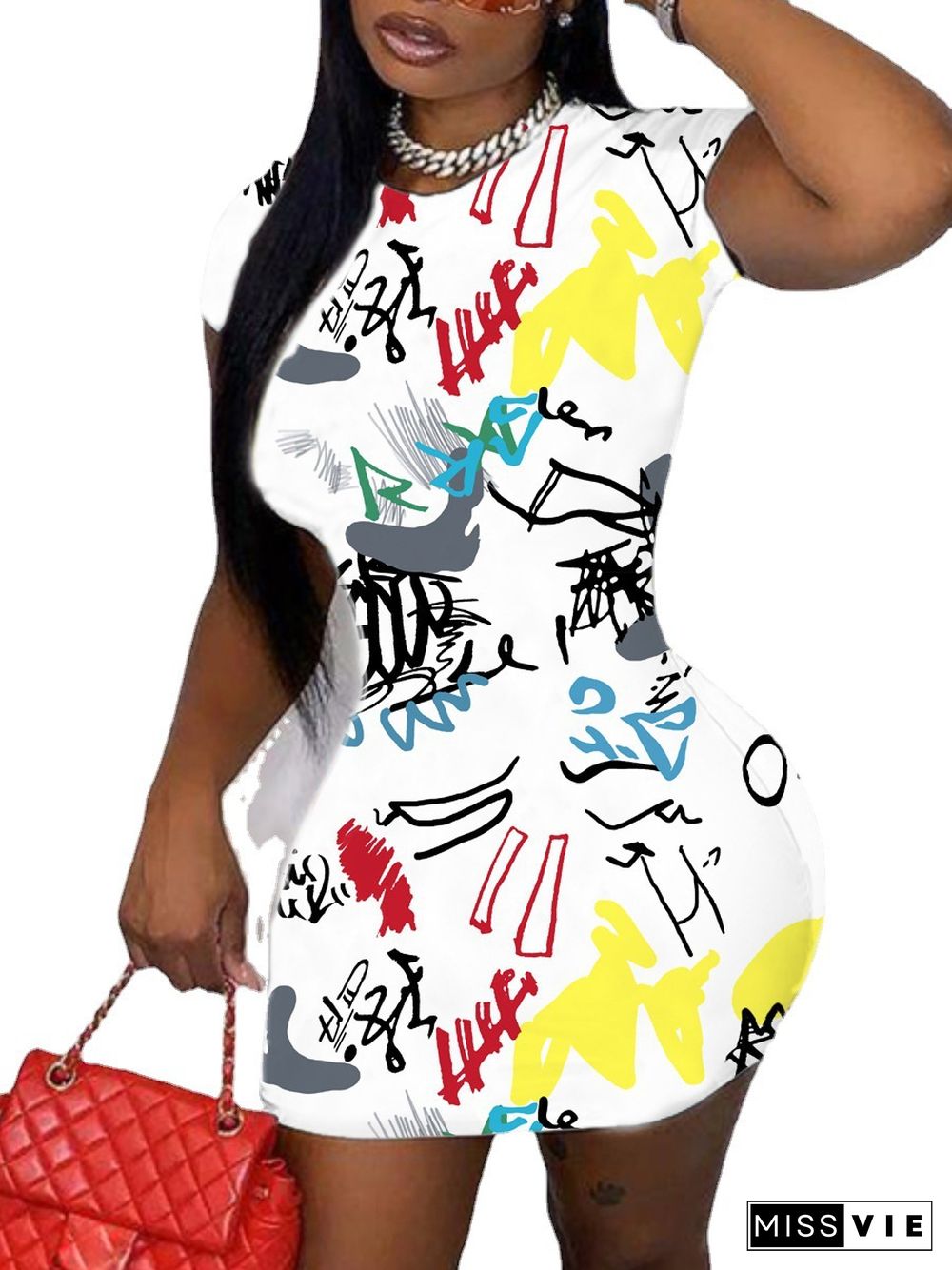 Fashion Graffiti Printed Women Casual Sexy Short Sleeve O Neck Bodycon Club Wear Mini Dresses