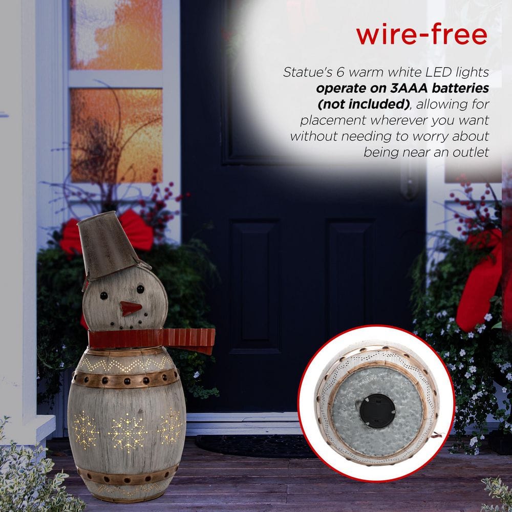 Alpine Corporation 30 in. Tall Weathered Barrel Snowman With Warm White LED Lights ORS730