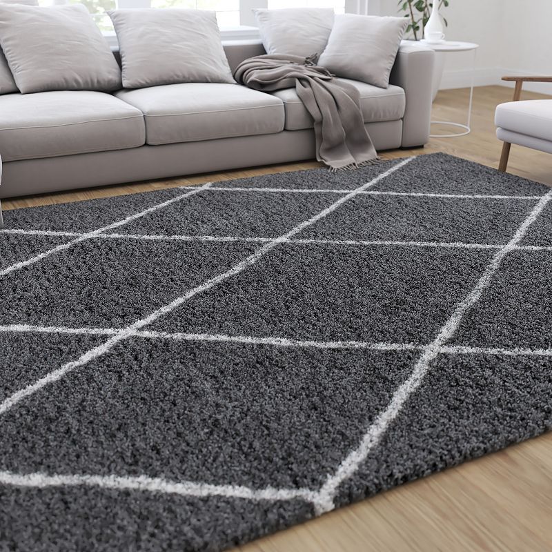 Merrick Lane Shag Style Diamond Trellis Area Rug - 8' x 10' - Charcoal/Ivory Polyester (PET)