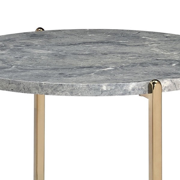 End Table with Oval Marble Top and X Shaped Support - Gray and Gold - 26 L x 26 W x 23.62 H Inches