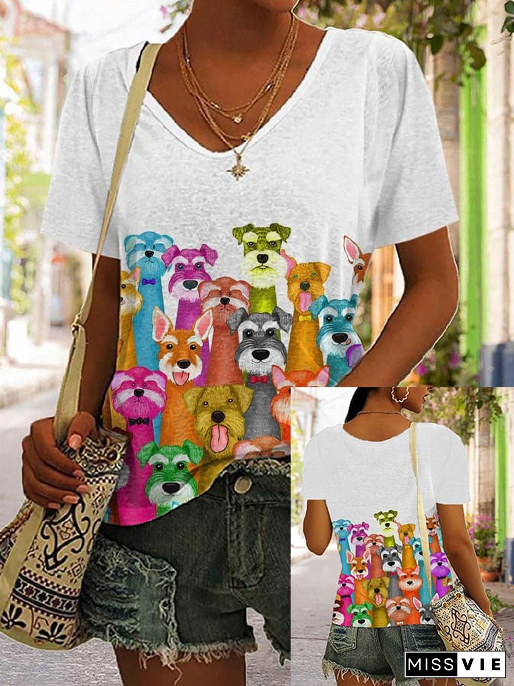 Women's Funny Puppys Print V-Neck T-Shirt