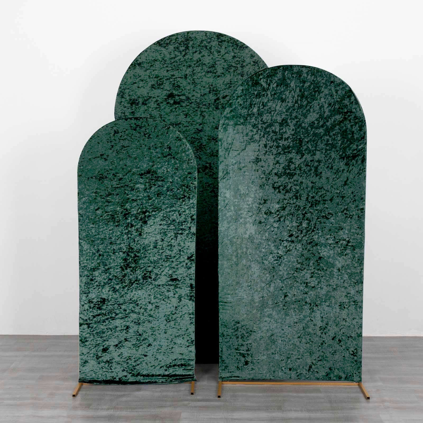 Set of 3 Hunter Emerald Green Crushed Velvet Chiara Wedding Arch Covers For Round Top Backdrop Stands 5ft, 6ft, 7ft