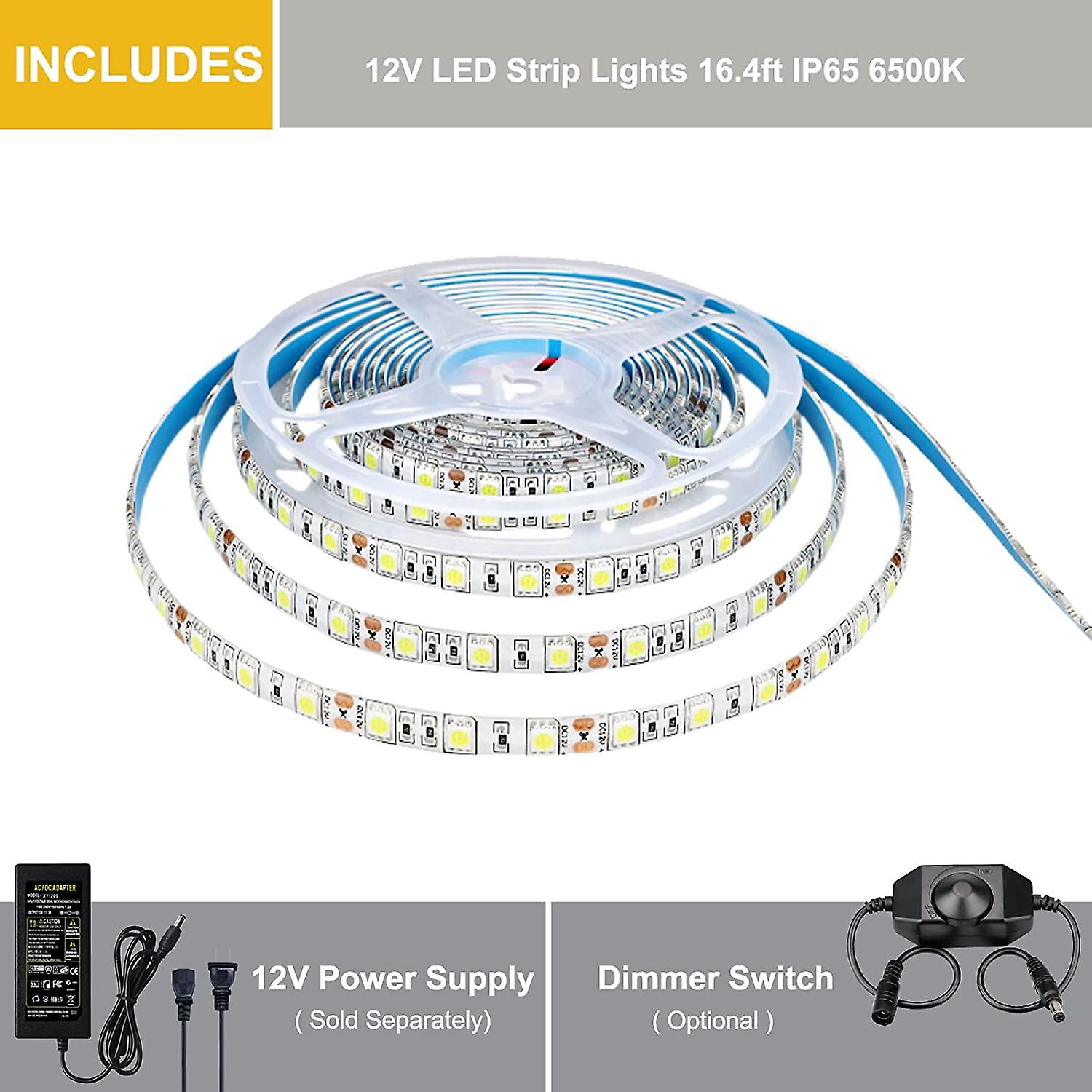 2v Led Strip Cool White 6500k， 5 Meters Flexible 300 Leds 5050 Smd Ip65 Waterproof Led Strip