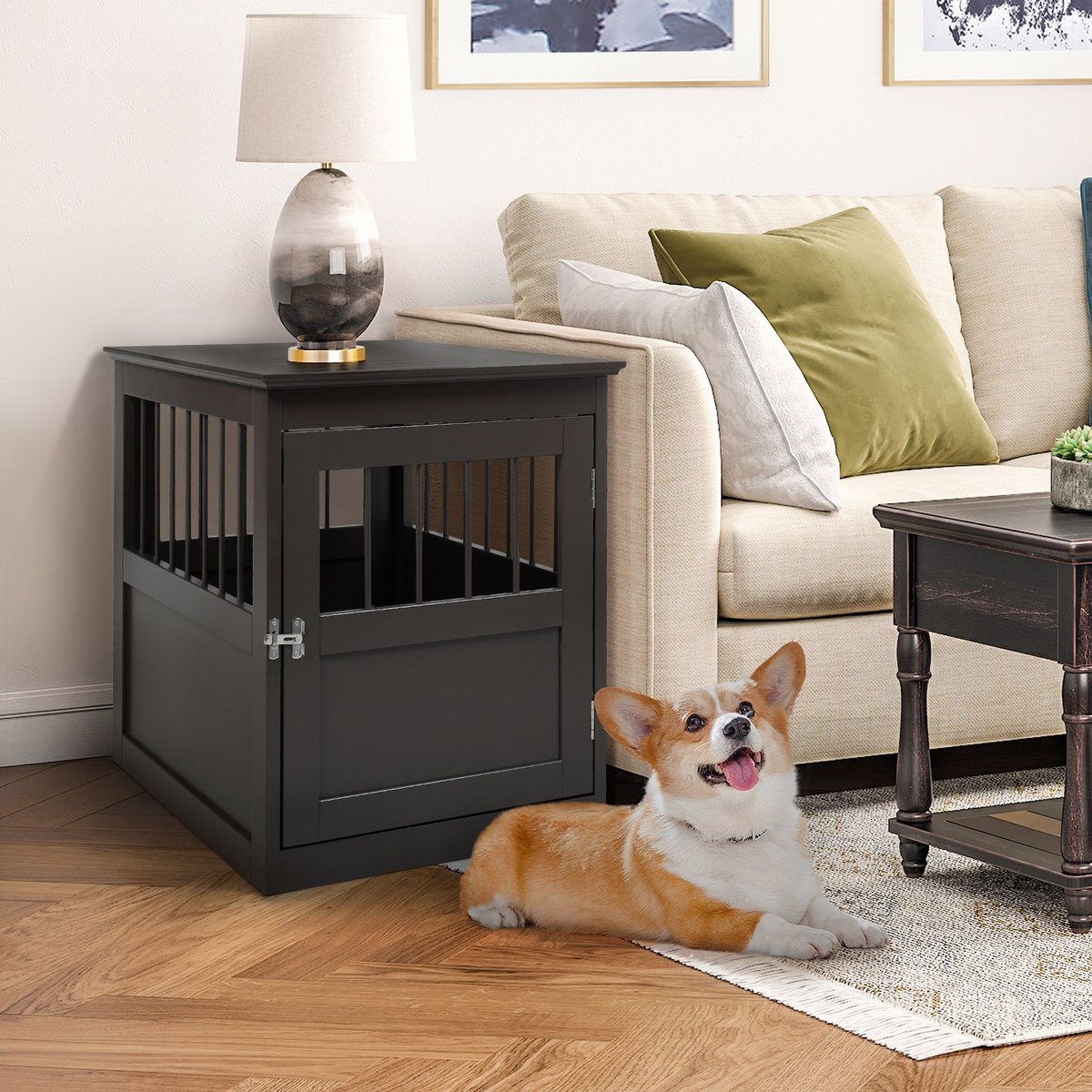 Coziwow by Jaxpety Single Door Furniture Style Wooden Dog Crate and End Table， Brown