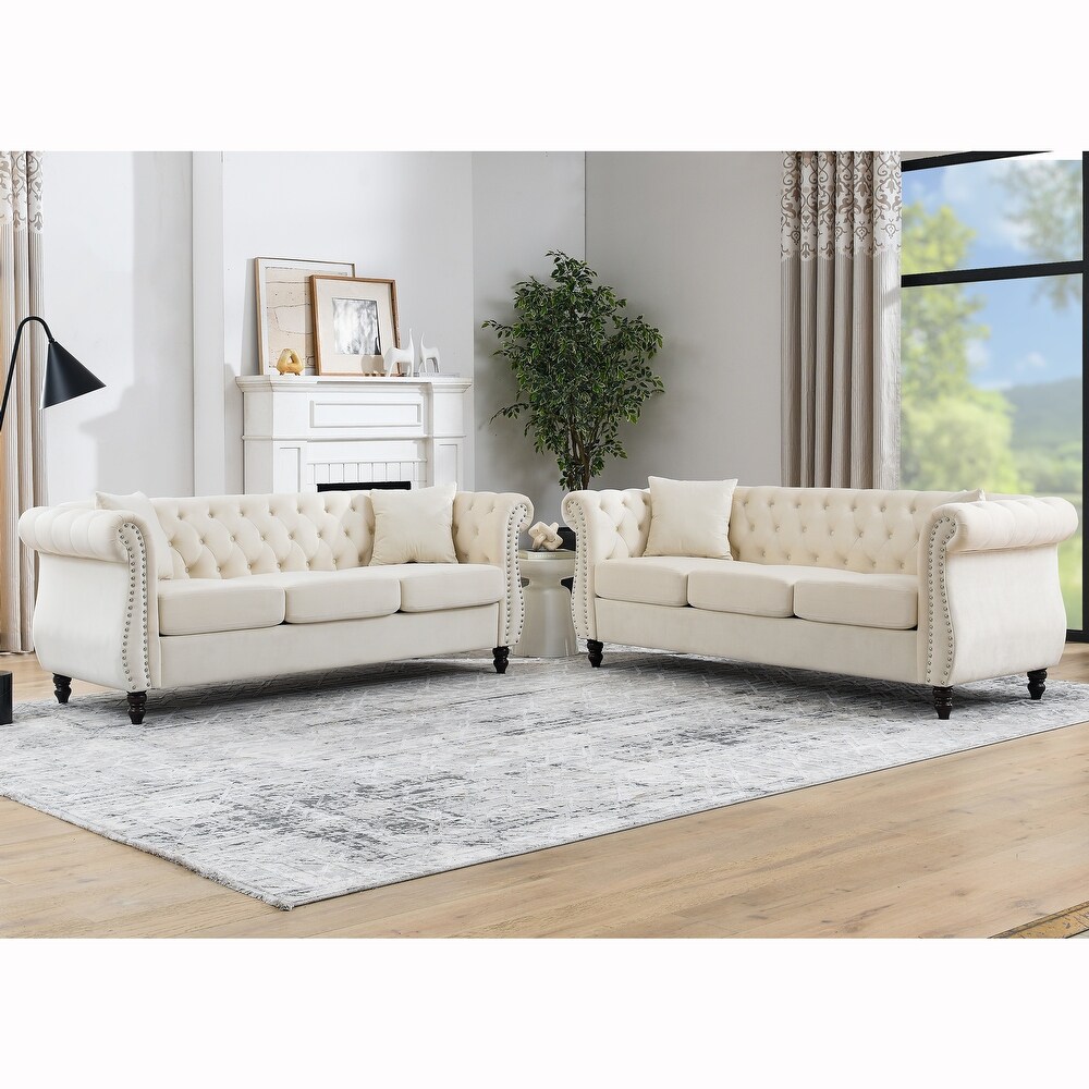 Velvet Upholstered Chesterfield Sofa Set Ergonomic Nailheads Couches Set with Removable Cushions for Livingroom