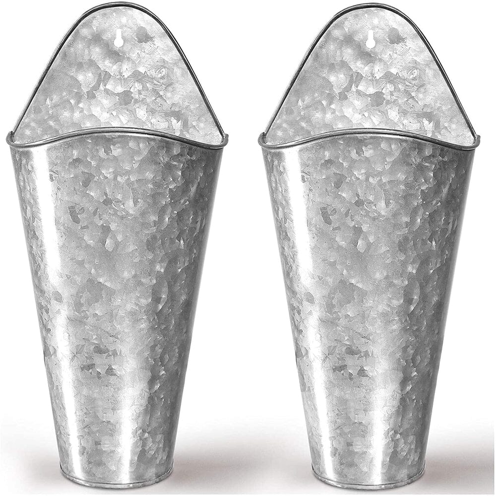 Galvanized Wall Planters - Two (2) Large Premium. Farmhouse Metal Hanging Vase