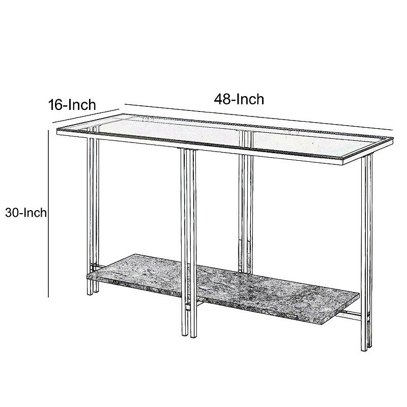 Glass Top Metal Sofa Table with Marble Bottom shelf， Silver and Clear