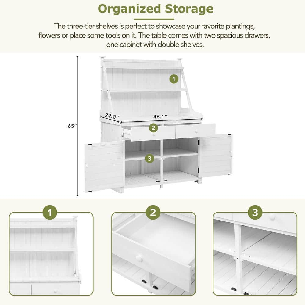 47.2 in. W x 65 in. H White Fir Wood Garden Potting Bench Table Fir Wood Workstation with Storage Shelf Drawer OUTDOOR10ex