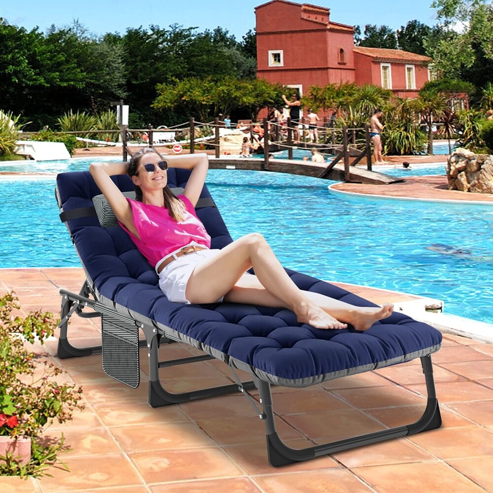 Folding Lounge Chair with Mattress  4 Position Adjustable Folding Sleeping Bed Cot Chaise Lounge Chairs Perfect for Patio