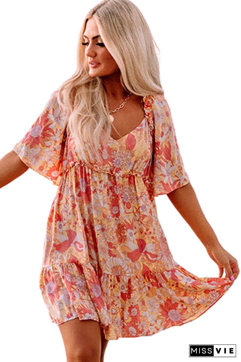 Orange Wide Flutter Sleeve Floral Dress