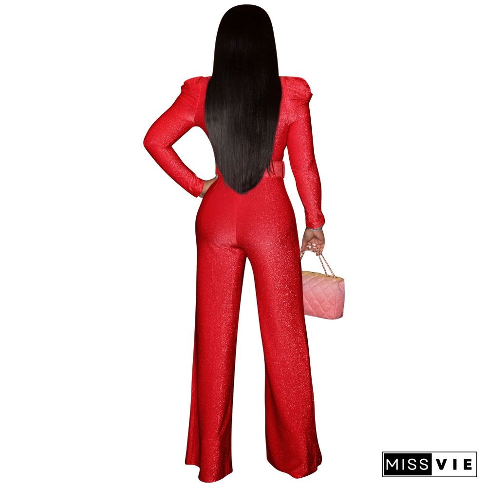 Puff Sleeve V Neck Glitter Sparkly Jumpsuit+Belt