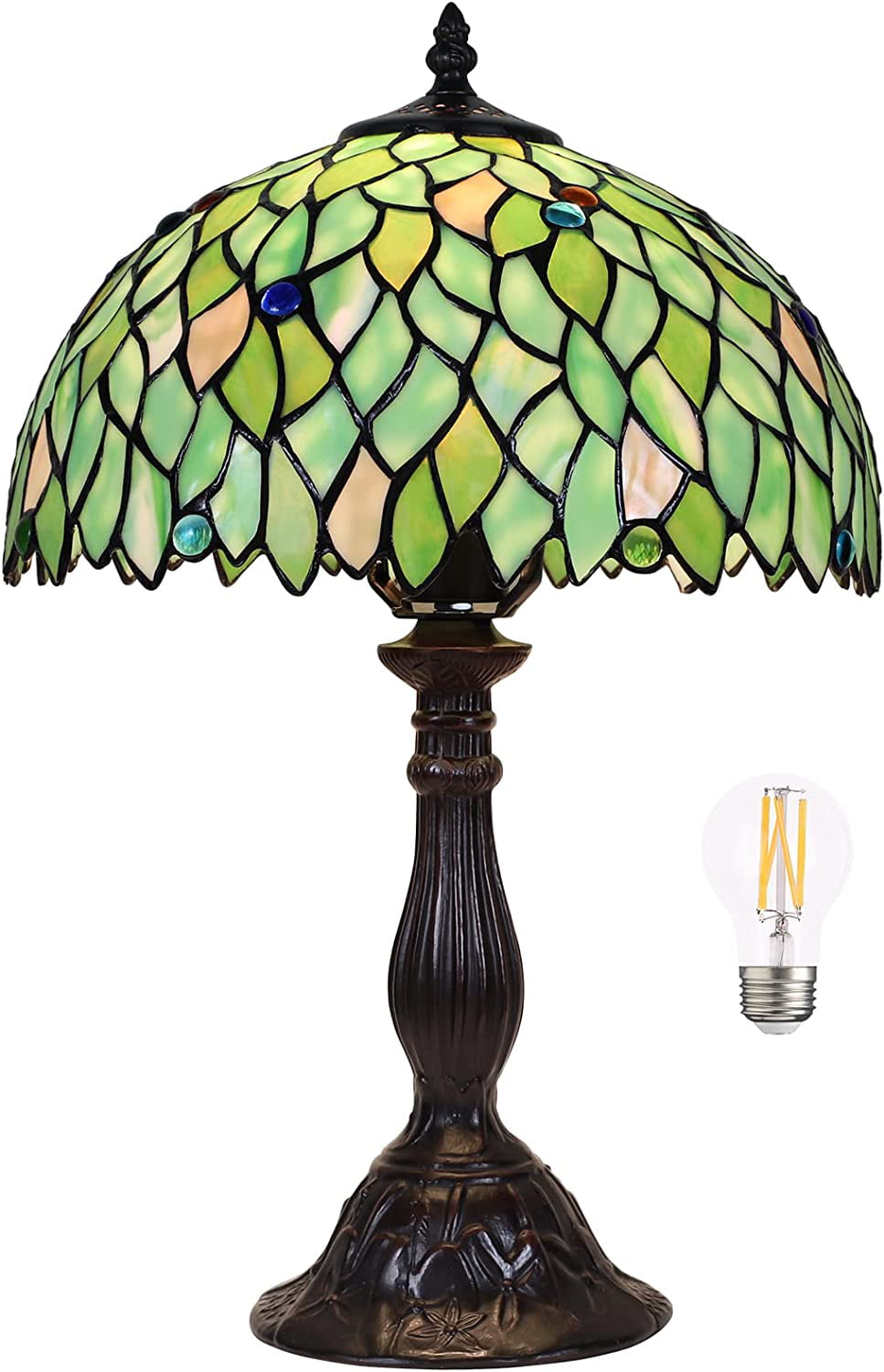 YELROL Tiffany Lamp Table Lamp Stained Glass Leaf Bedside Lamp Reading Desk Light for Bedroom Living Room Green 18\u201D Tall 1 PCS LED Bulb(2700K E26) Included Unique Gifts