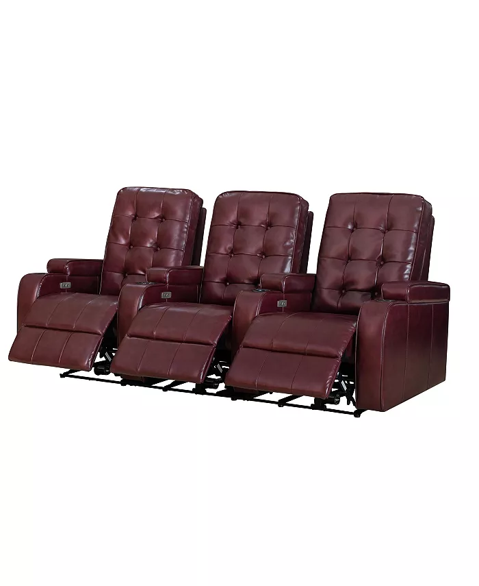 FC Design Burgundy Air Leather Cinema 3-Seat Power Sofa Recliner Chair Home Theater Seating with Cup Holders and USB Port