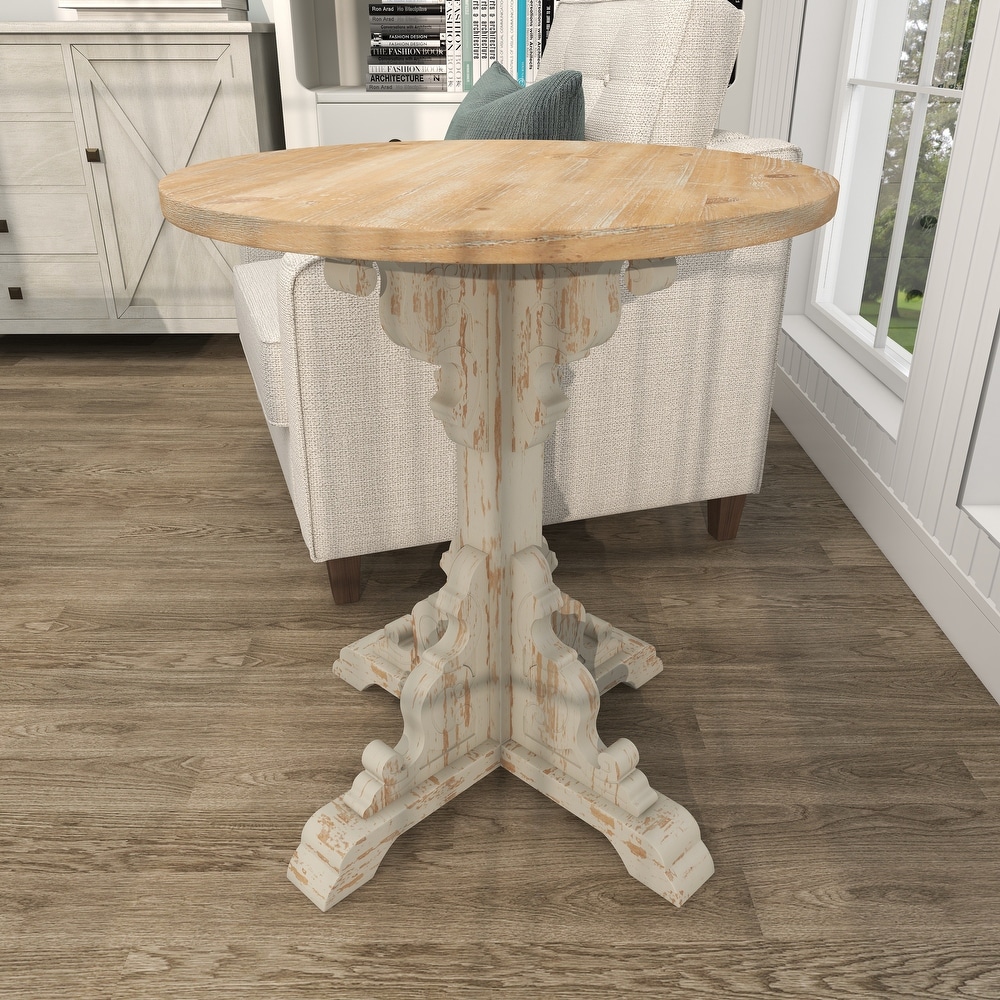 Wood Intricately Carved Scroll Accent Table with Brown Wood Top