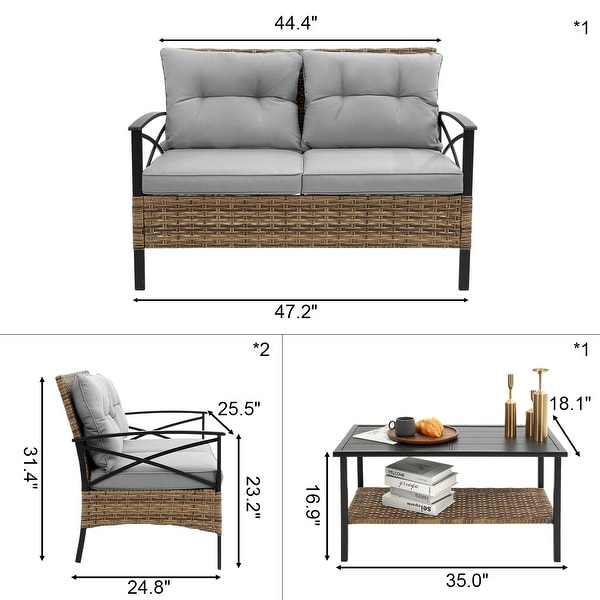 4 Piece Outdoor Conversation Chair Set With Cushion，Patio Rattan Wicker Set with 2 Single chairs and Loveseat，Coffee Table