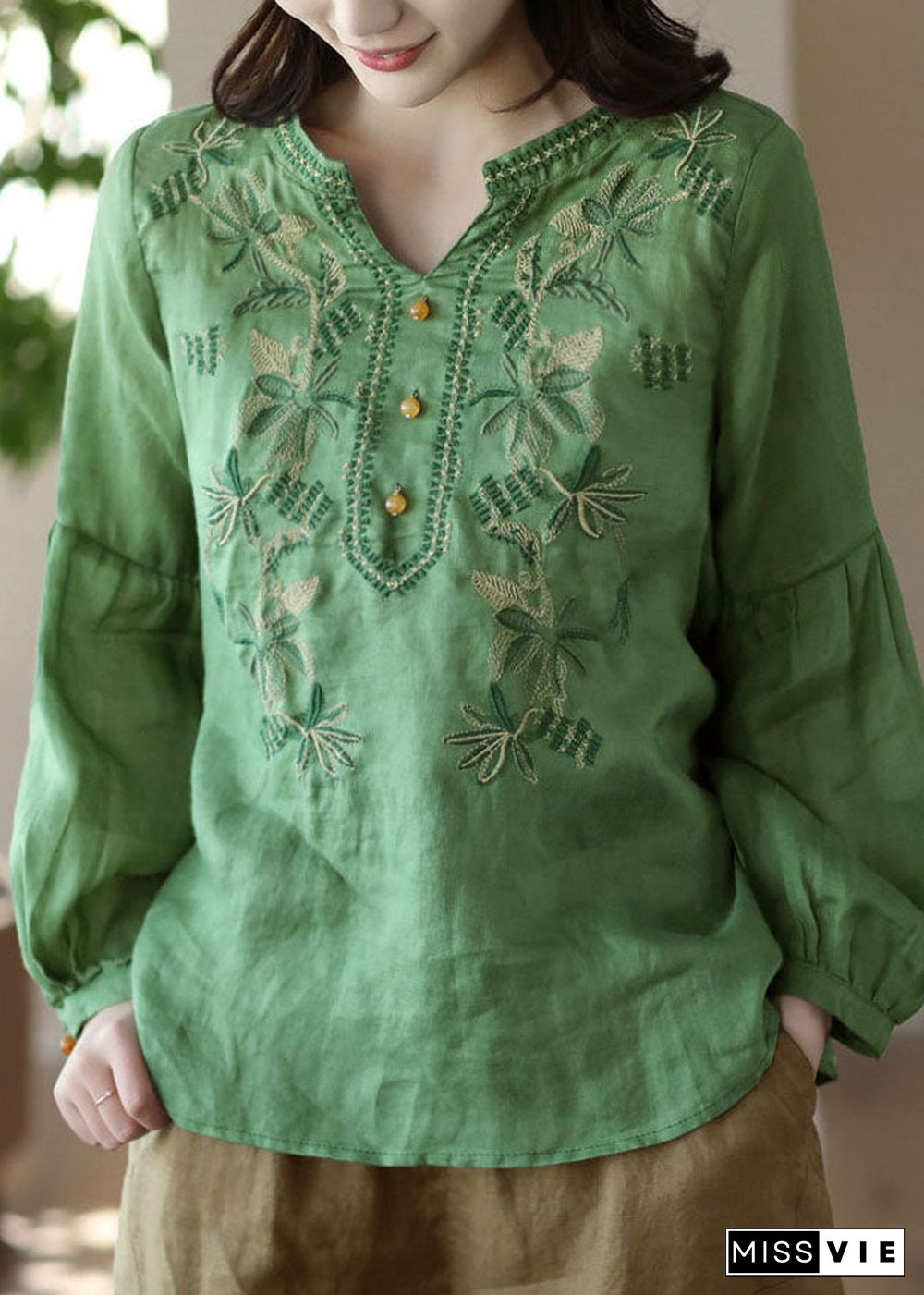 Green Patchwork Linen T Shirt Tops Embroideried Long Sleeve