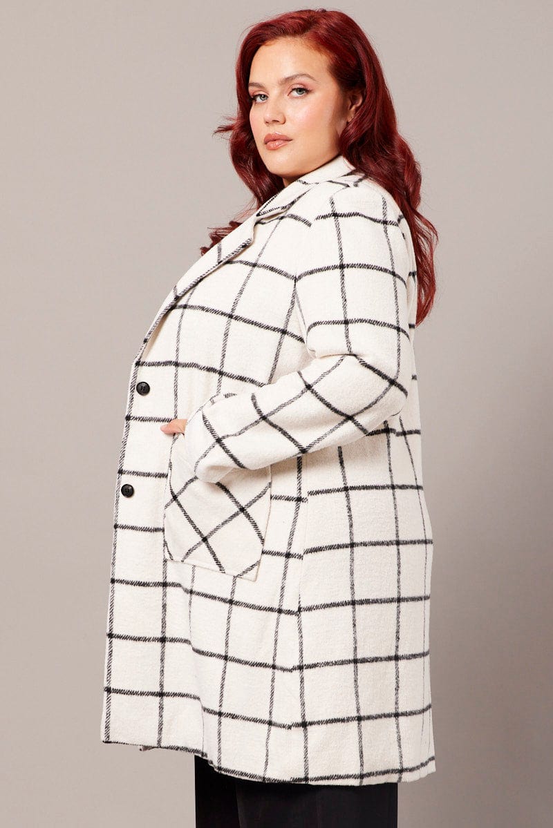 White Check Long Coat Lined Button Front