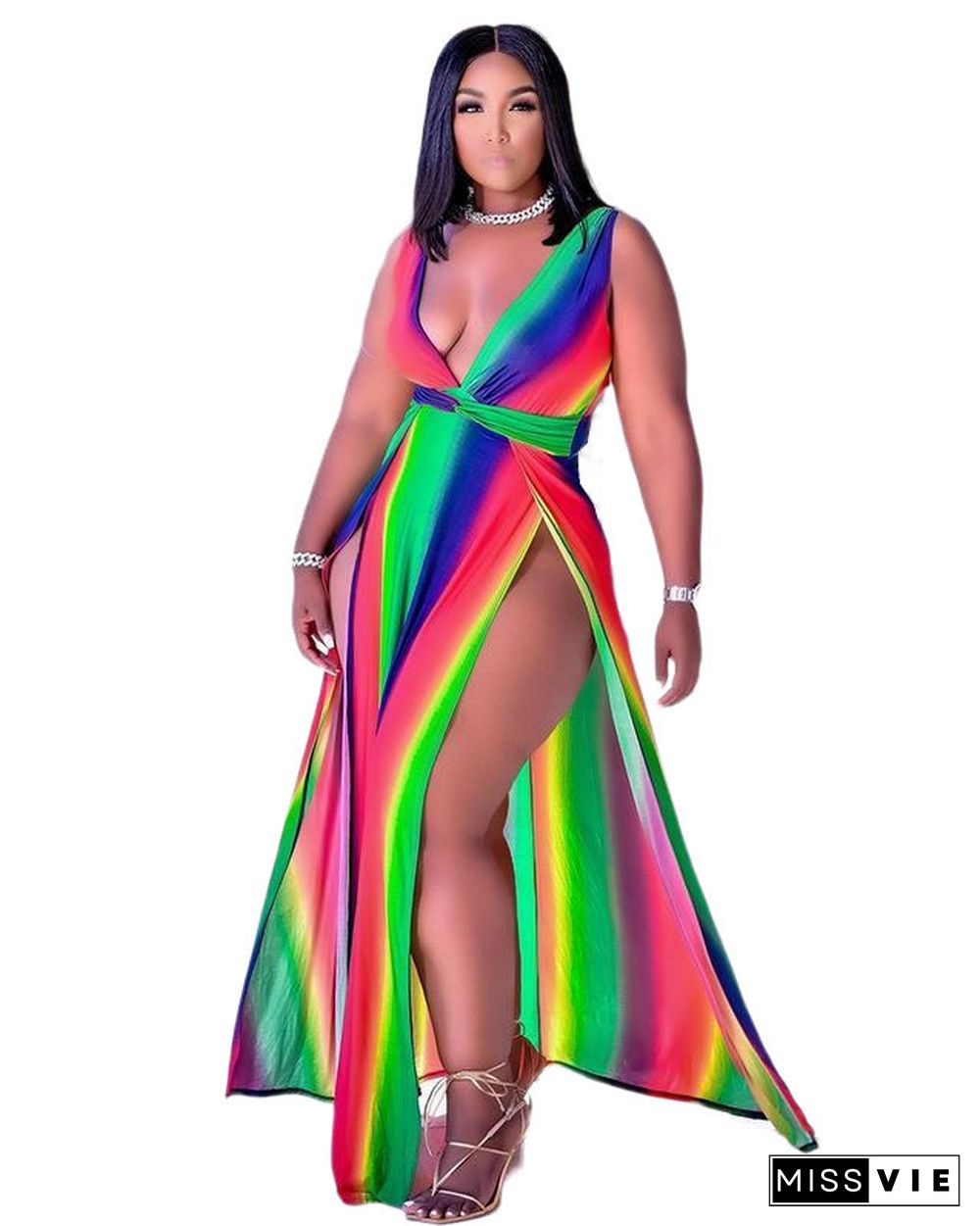 Women Elegant Rainbow Striped Print Sleeveless Summer Sexy Deep V Neck High Slit Maxi Long Dress