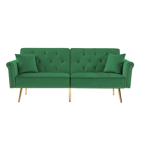 Velvet Tufted Sofa Couch with 2 Pillows and Nailhe...