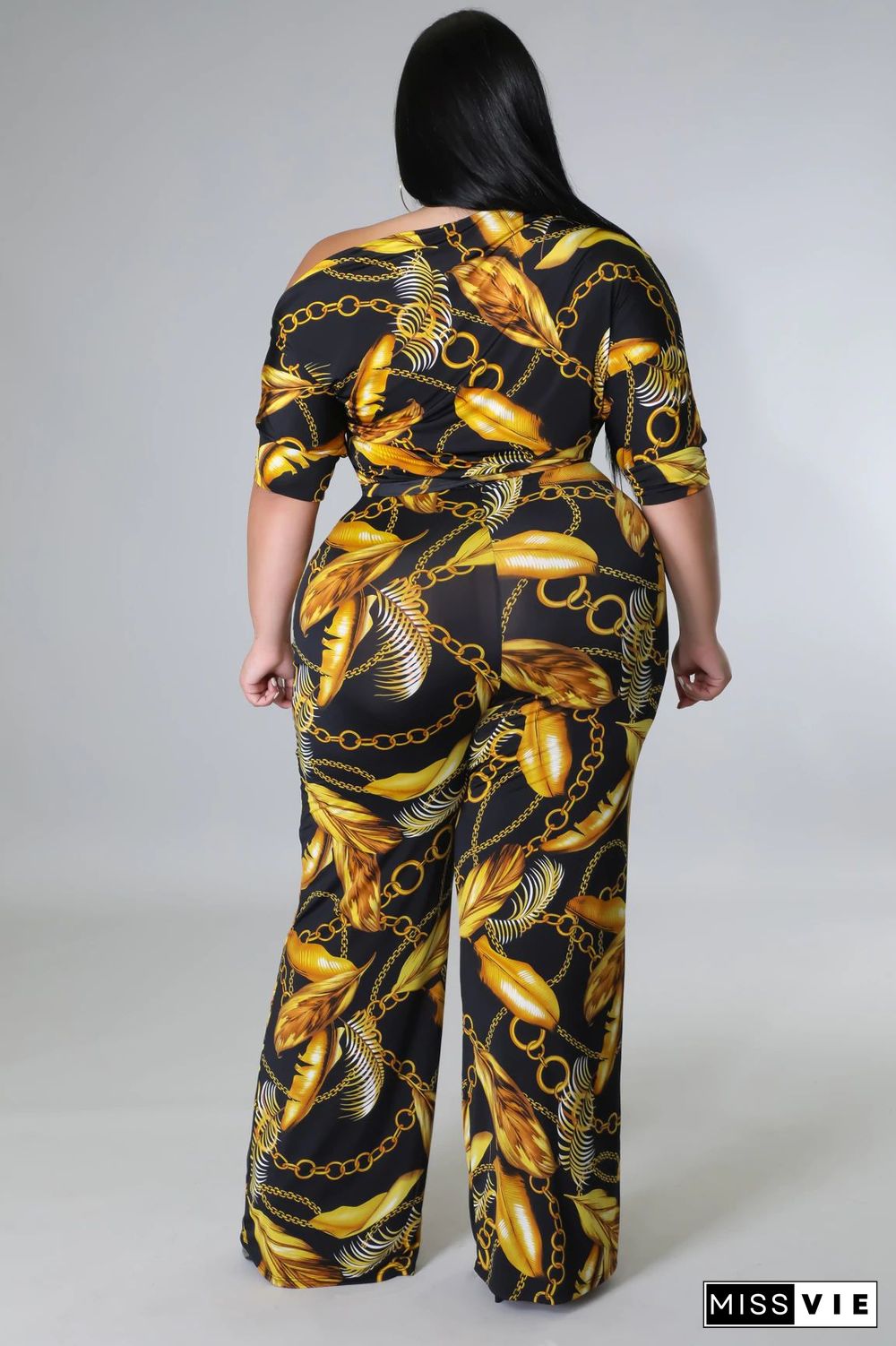 Off-the-shoulder Printed Plus Size Wide Leg Jumpsuit