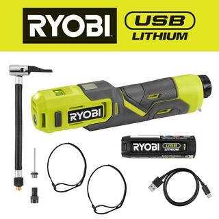 RYOBI USB Lithium Cordless High Pressure Portable Inflator Kit with 2.0 Ah USB Lithium Battery and Charging Cable FVIF51K