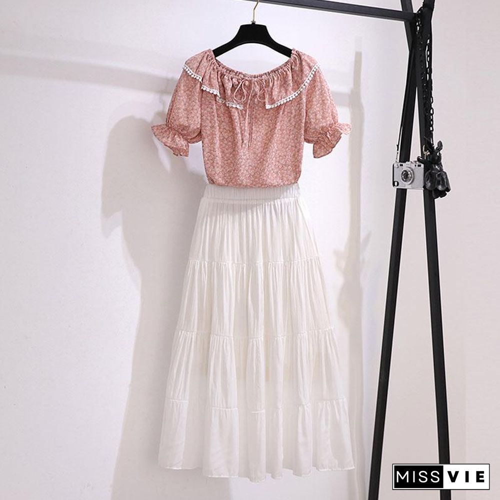 Off Shoulder Chiffon Tee+Skirt P13580