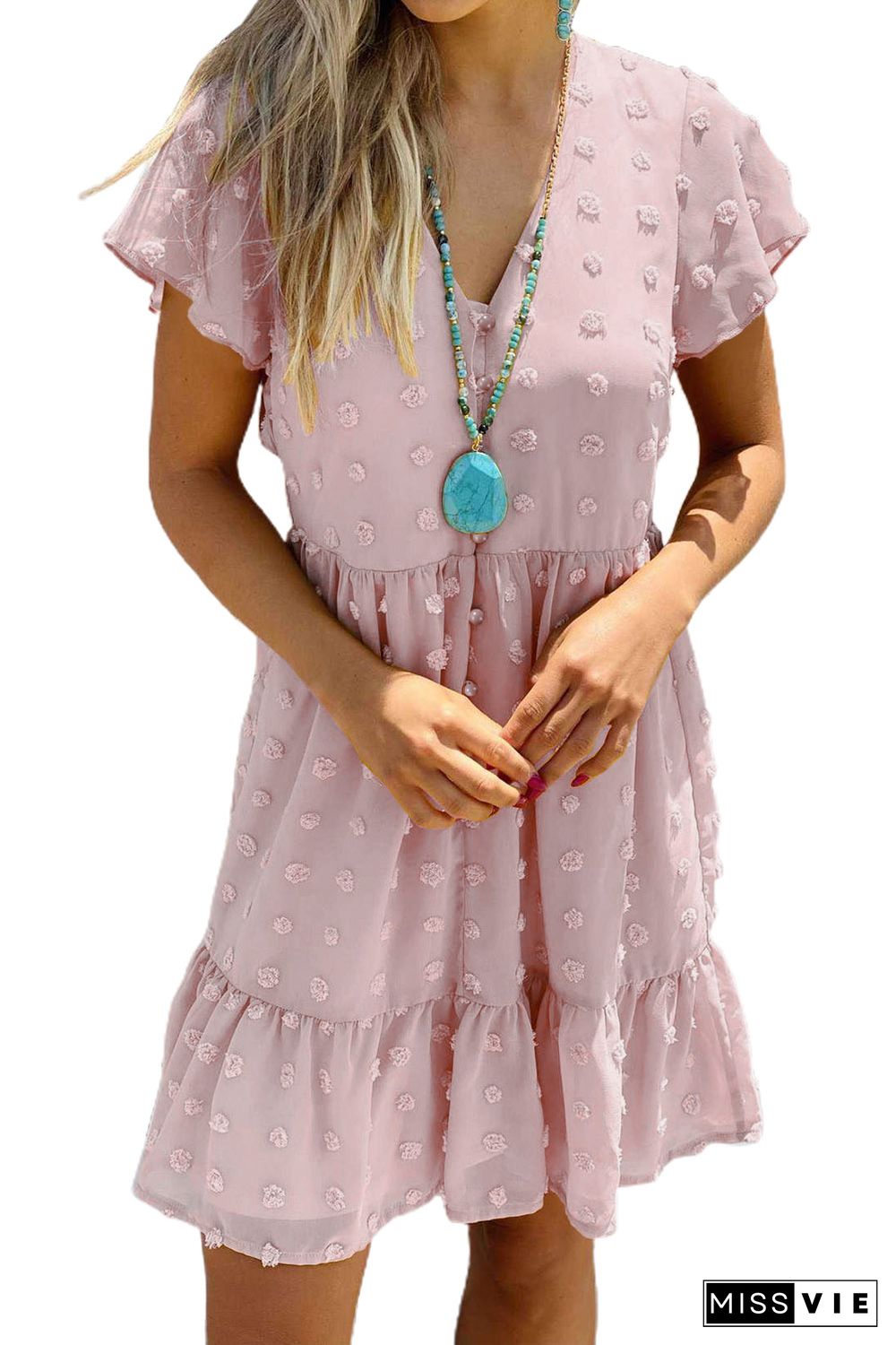 Pink Polka Dot V Neck Ruffled Short Sleeves Mini Dress