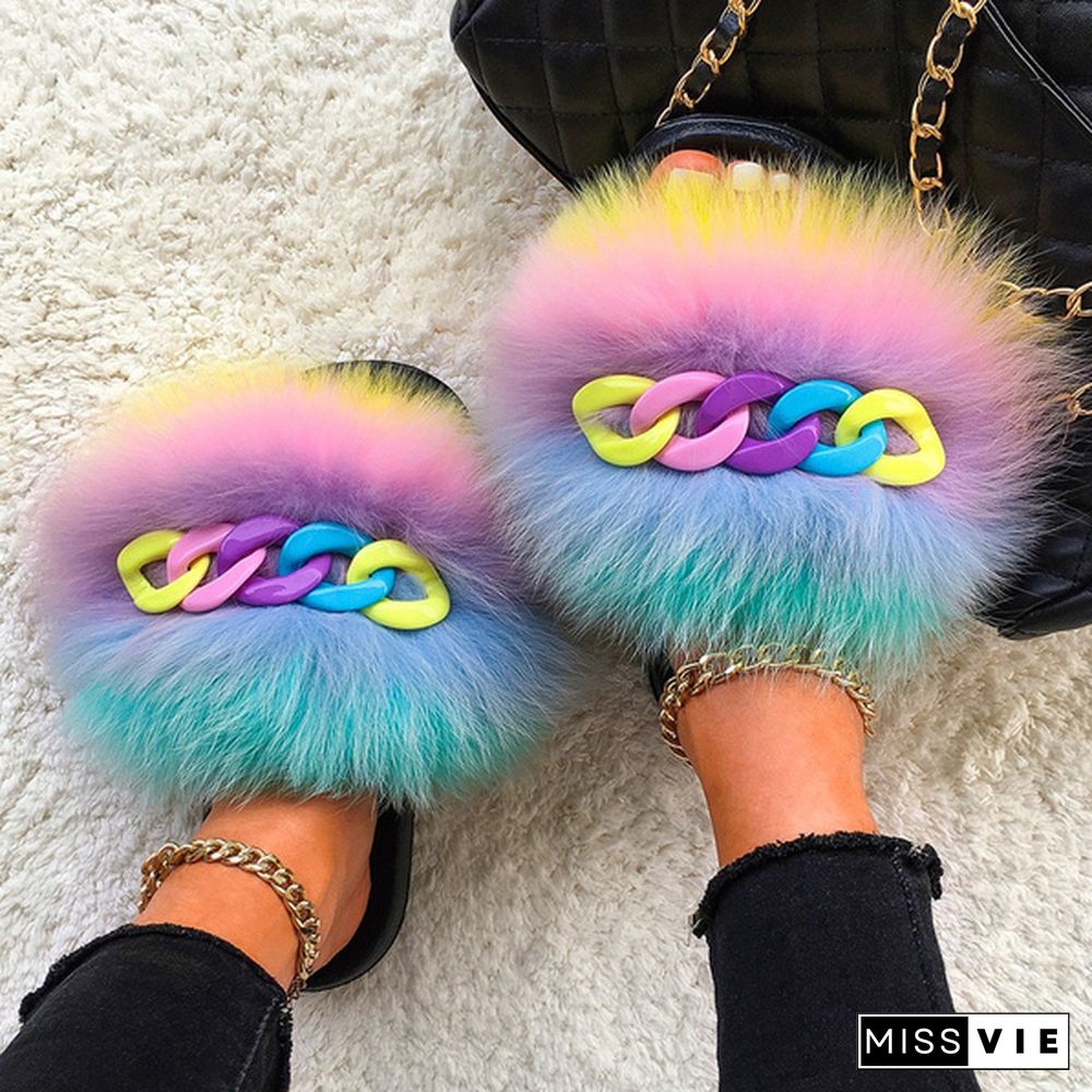 New Fashion Real Fox Fur Slippers For Women Fur Slides Summer Beach Fluffy Chain Fur Sandals Home Furry Flip Flop Plush Shoes Multicolor