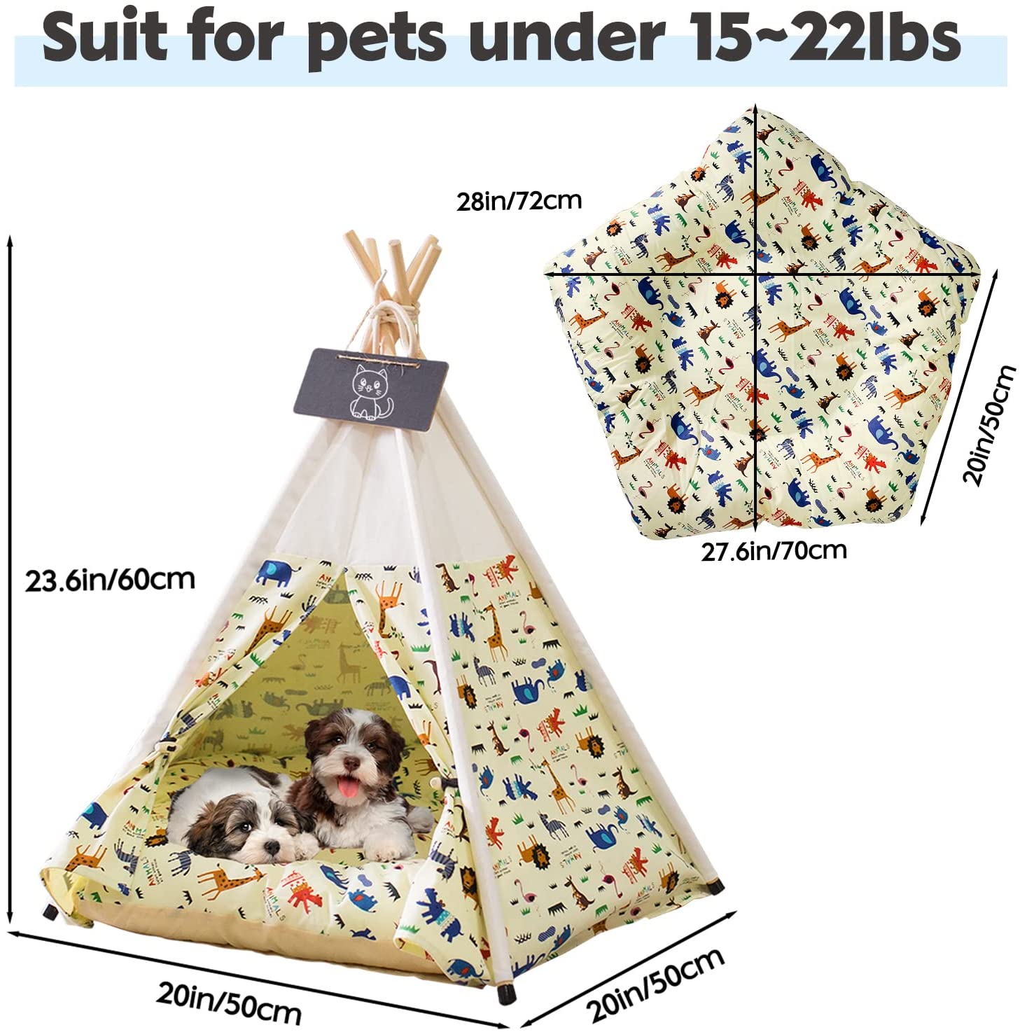 Pet Teepee Tent for Dogs and Cats with Thick Cushion ， 24 Inch Portable Indoor Dog House Dogs/Puppy Pet Houses with Bed，Cat Teepee Tent Washable，Tents Pet Houses Bed Easy to Assemble (Animal)