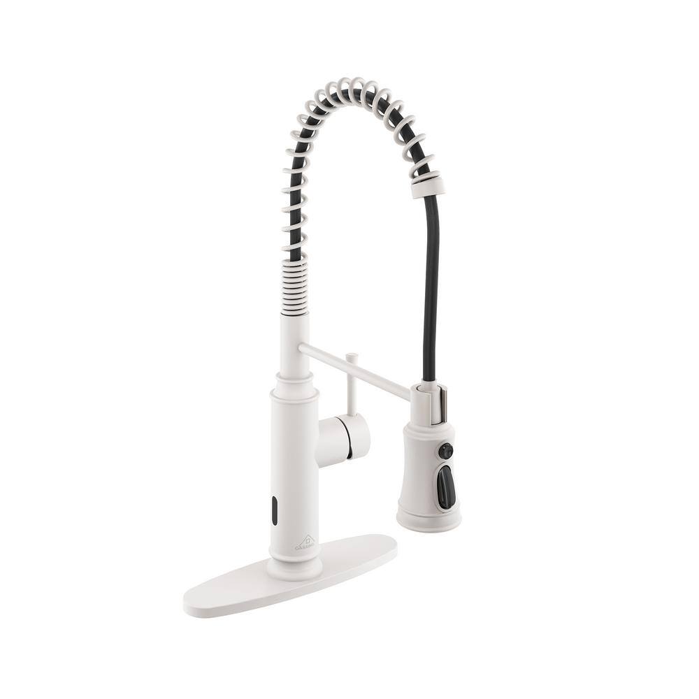 CASAINC Single Handle Spring Pull Down Sprayer Kitchen Faucet with Infrared Induction Function and Deck Plate in Matte White CA-W3052-MW