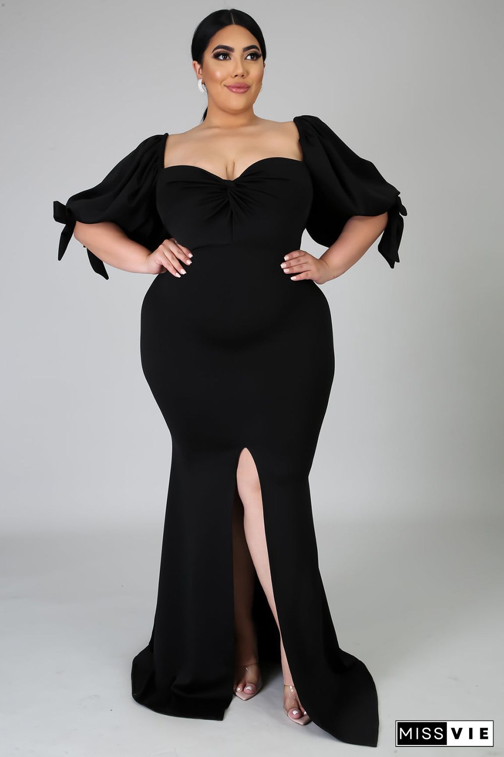 Black Bow Tie Puff Sleeve Plus Size High Slit Maxi Dress