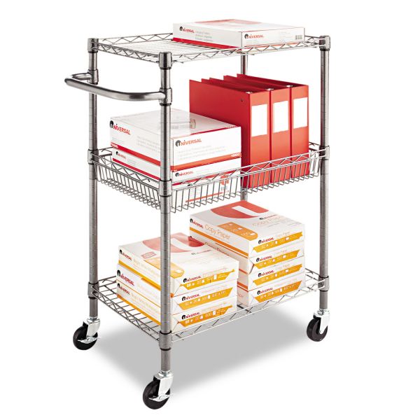 Alera Three-Tier Wire Cart with Basket， Metal， 2 Shelves， 1 Bin， 500 lb Capacity， 28