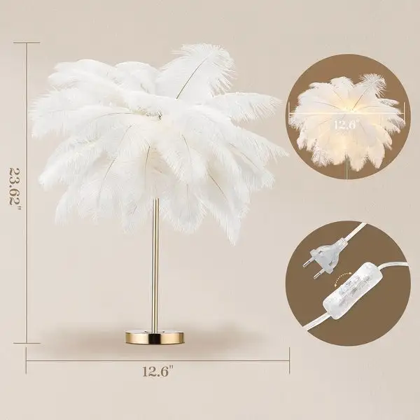 Gold and White Feather Tripod Table Lamp With Bulb