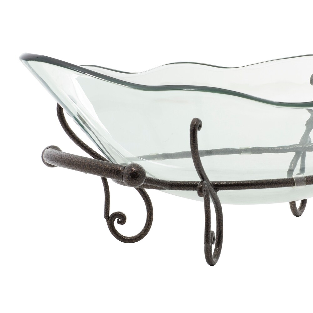 Clear Tempered Glass Kitchen Serving Bowl with Brown Metal Scroll Base