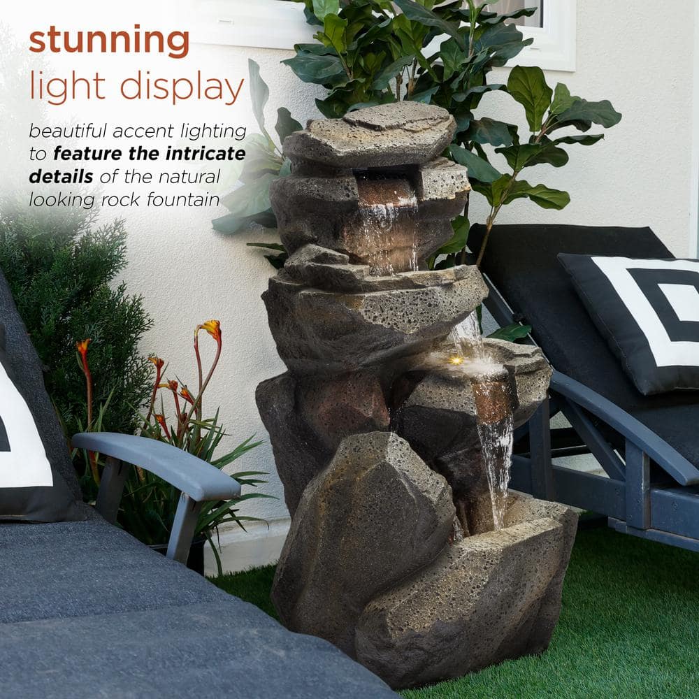 Alpine Corporation 40 in. Tall Outdoor 5-Tier Rock Cascading Waterfall Fountain with LED Lights WIN1184