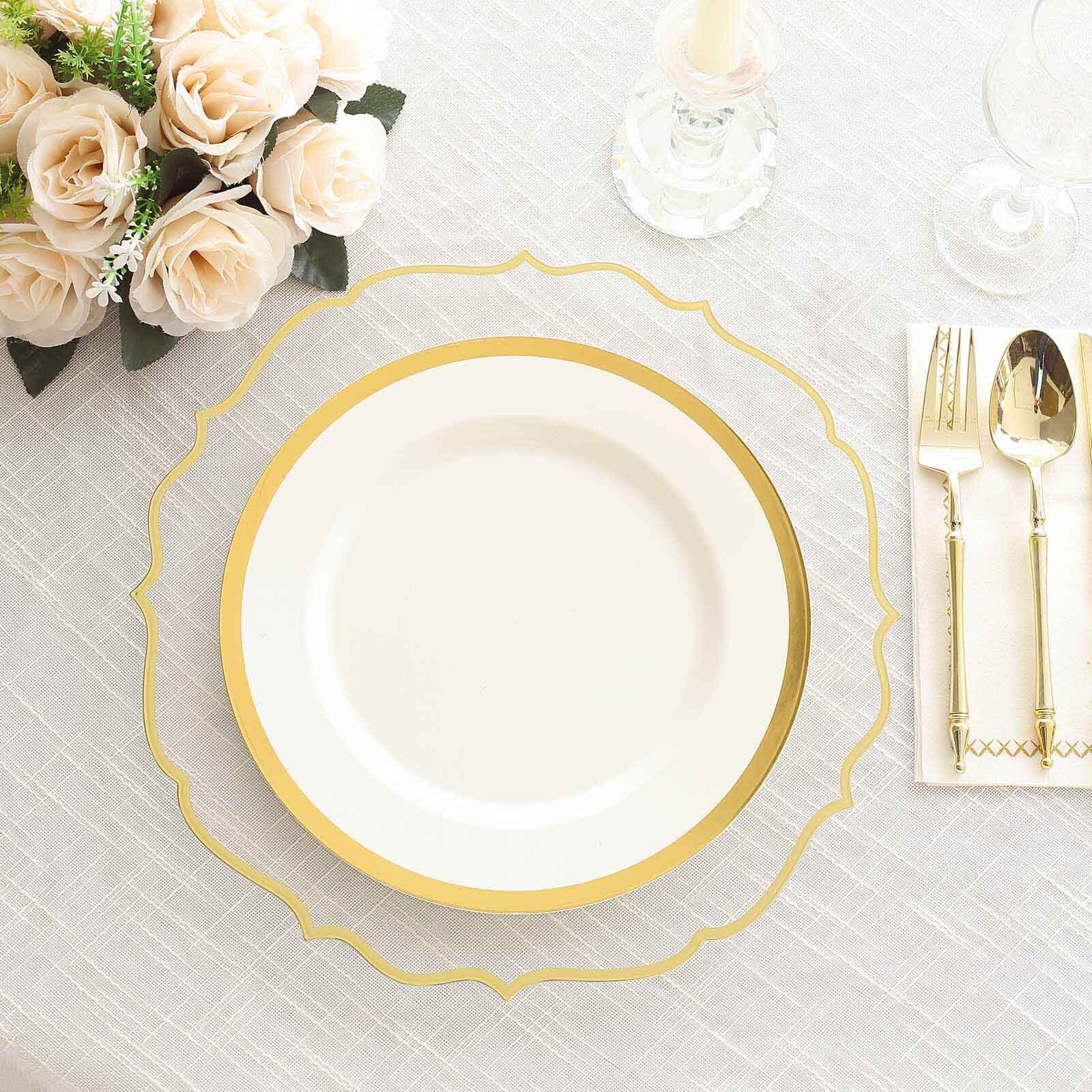 10 Pack Clear Economy Plastic Charger Plates With Gold Scalloped Rim, Round Decorative Dinner Chargers Event Tabletop Decor - 13