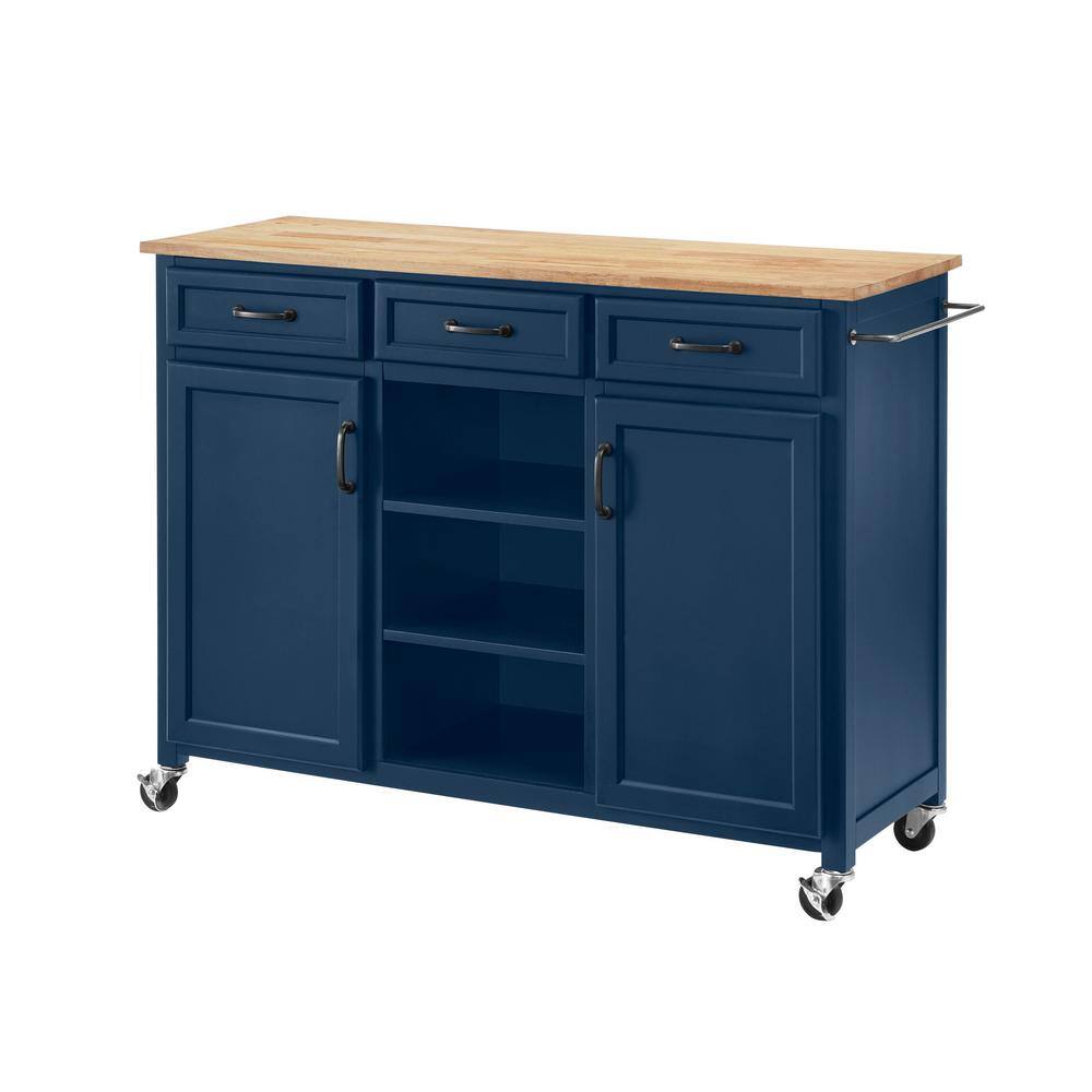 Home Decorators Collection Midnight Blue Rolling Kitchen Cart with Butcher Block Top and Storage (48