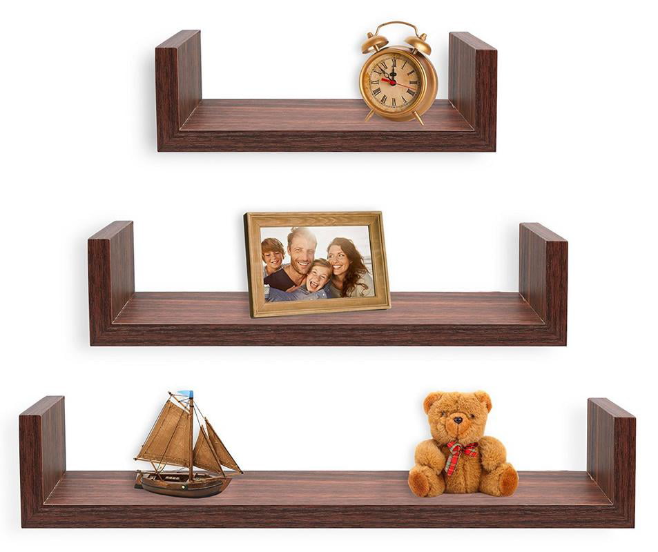 Greenco Set of 3 Floating U Shelves, Walnut Finish Floating Storage Shelves for Wall - Wall Shelf Mount Sets