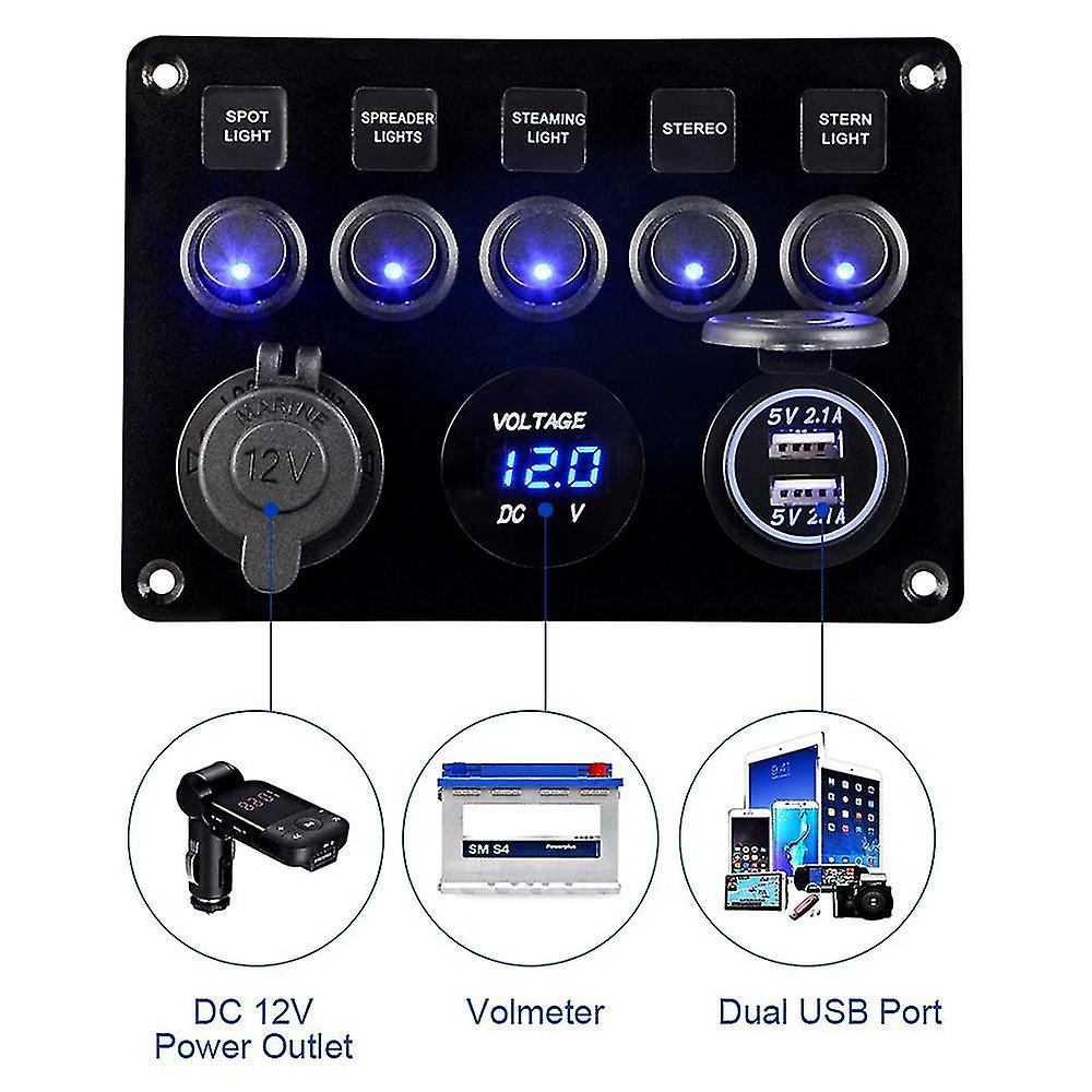 5 Gang Inline Fuse Box Car Led Switch Panel Led Switch Panel Dual Usb Car Boat Truck Camper 12v/24v