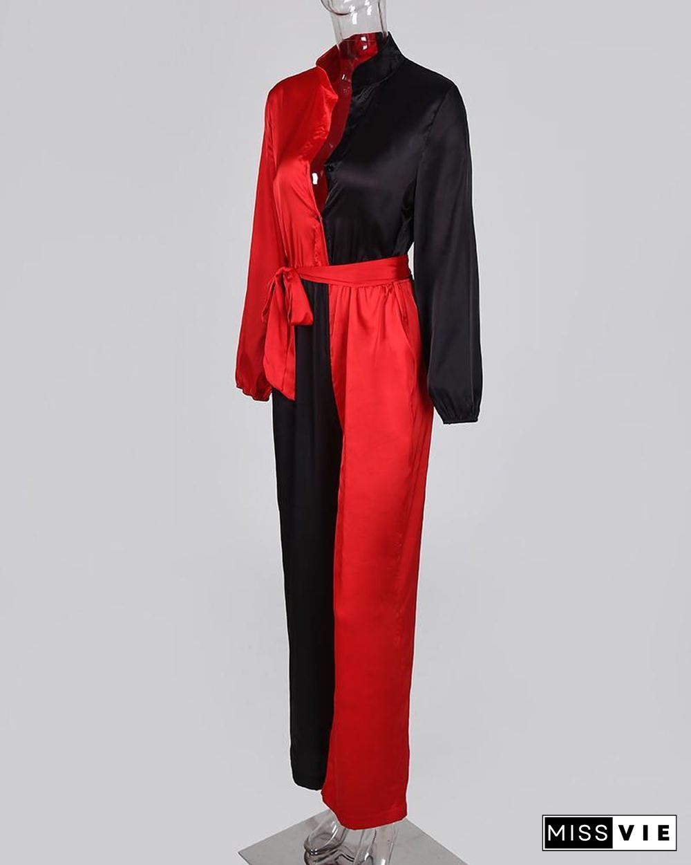 Colorblock Long Sleeve Knotted Jumpsuit P10958