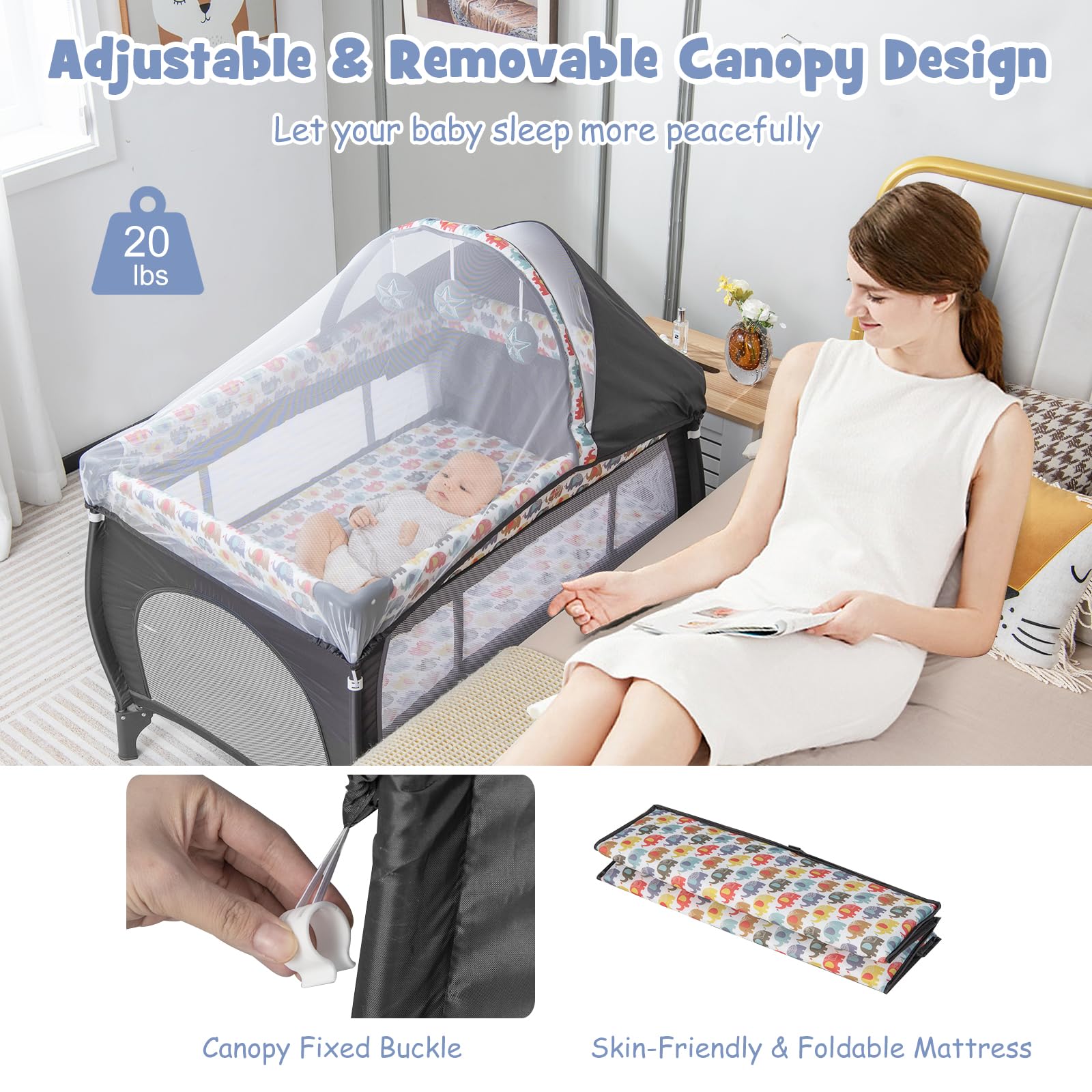 BABY JOY 4 in 1 Pack and Play, Portable Baby Playard with Bassinet